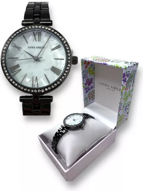 Laura Ashley Ladies MOP T-Bar Black Watch Rhinestone Bezel 32mm with Gift Box