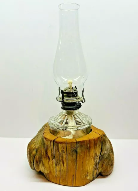 Clear Glass Oil Lamp With Large Driftwood Base 15.5" Tall