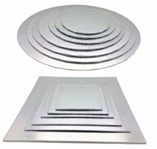 Quality Silver Round Cake Display Boards Foil Turned Edge 2mm Thick ALL SIZES