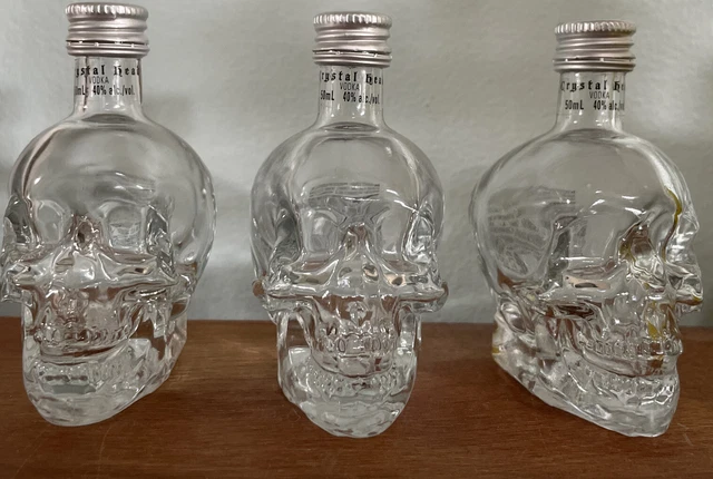 3 Crystal Head Vodka Mini 50ml EMPTY Bottles w Screw Cap Skull Clear Glass Decor