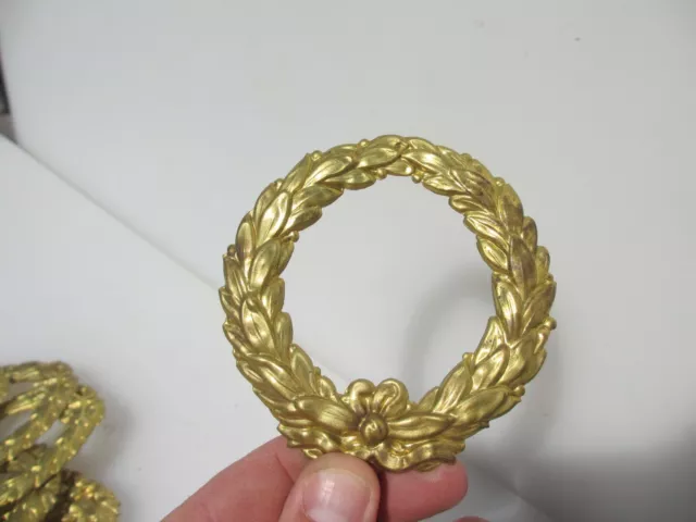 Vintage Brass Ormolu Furniture Hardware Floral Mount Old Wreath Leaf Gilt 3.5"W