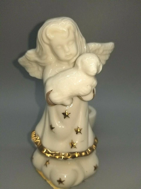 Glazed  Porcelain Angel Holding Lamb Taper Candle Holder Figurine
