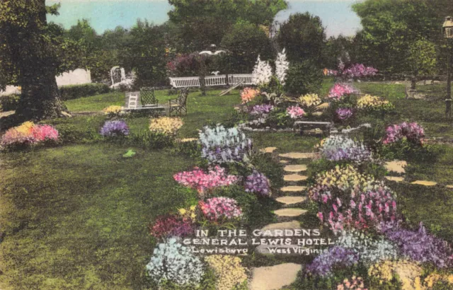 Lewisburg WV, In the Gardens, General Lewis Hotel, Vintage Hand Colored Postcard