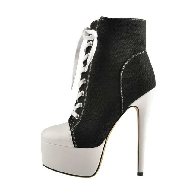 Women's Platform High Heel Sneaker Boots Lace Up Canvas Stilettos Ankle Booties
