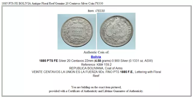 1885 PTS FE BOLIVIA Antique Floral Reef Genuine 20 Centavos Silver Coin i78330 3