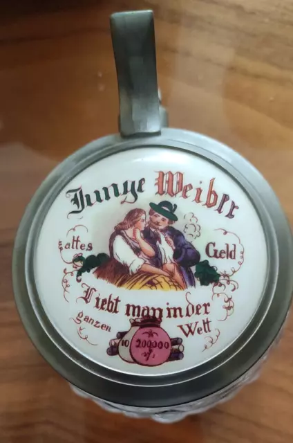 Bierkrug, Bierseidel, Humpen aus Glas mit Dekor und Zinndeckel