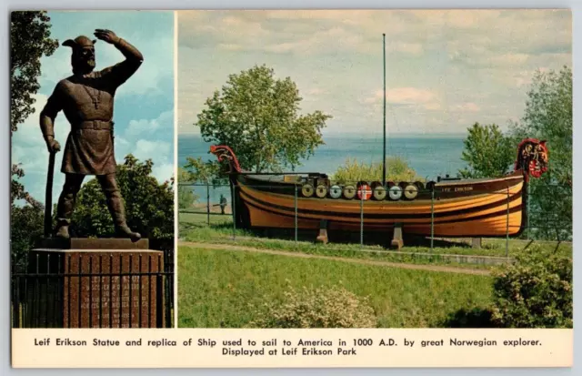 Vintage Postcard~ Leif Erikson Statue & Viking Ship~ Duluth, Minnesota