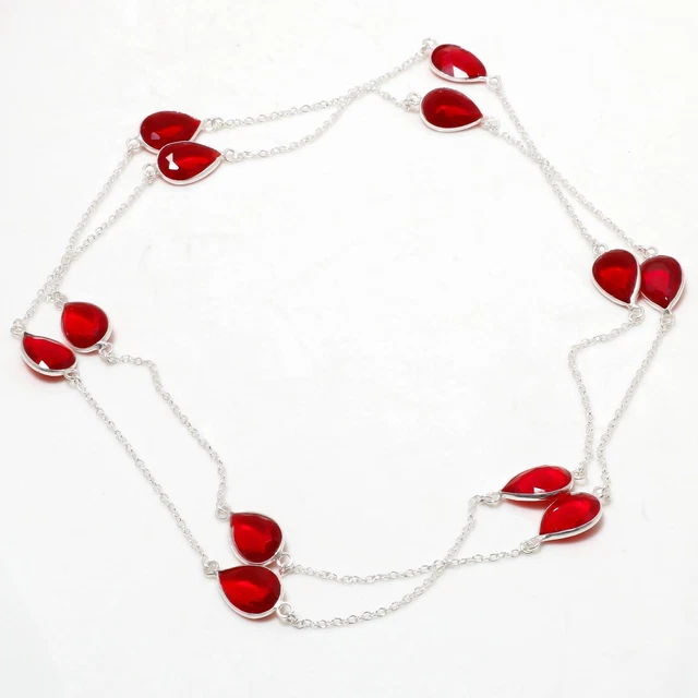 Mozambique Garnet Pear Shape Handmade Silver Plated Jewelry Necklace 36" PA 6826