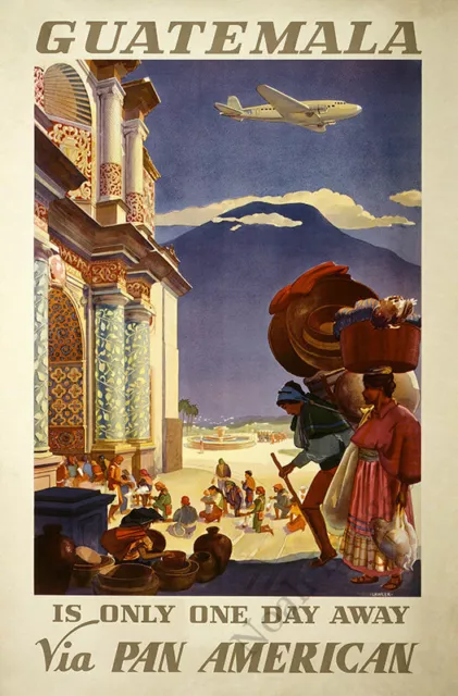 Guatemala vintage south america air travel poster repro 12x18
