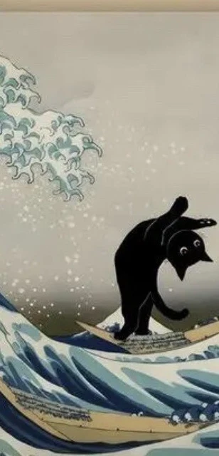 🐈‍⬛Famous Artist -Canvas wall Art. Funny black Cat Surfing Must L@@k❤️