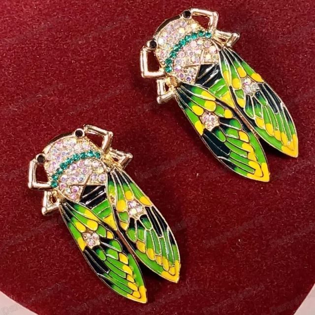 Large Cicada Beetle Insect Crystal Vintage Art Deco Style Art Nouveau Earrings