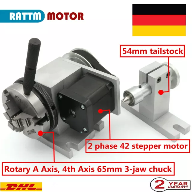 「DE」 CNC Router Rotations 4th Achse 65mm 3 jaw Chuck Ratio 4:1 & MT2 Reitstock