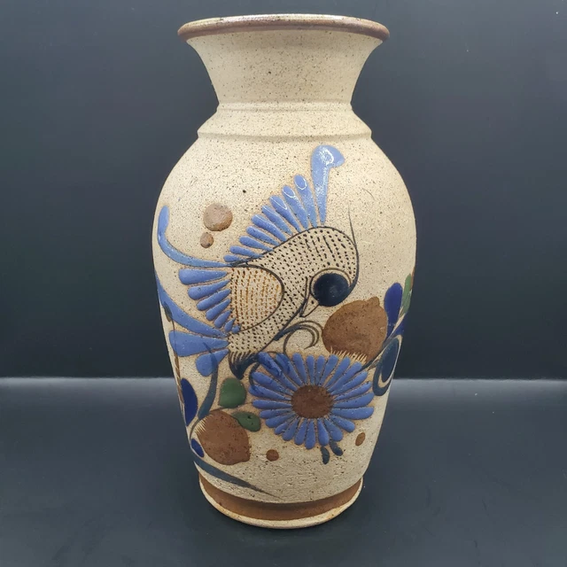 Tonala Mexican Folk Art Pottery Vase 9" tall Flower Bird Blue Brown Signed