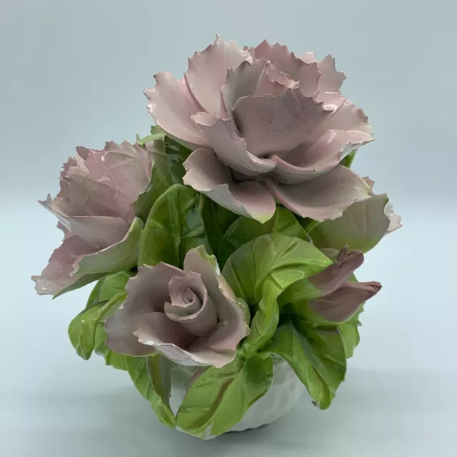 Vintage Pink Capodimonte Porcelain Flower Boquet Centerpiece Made in Italy