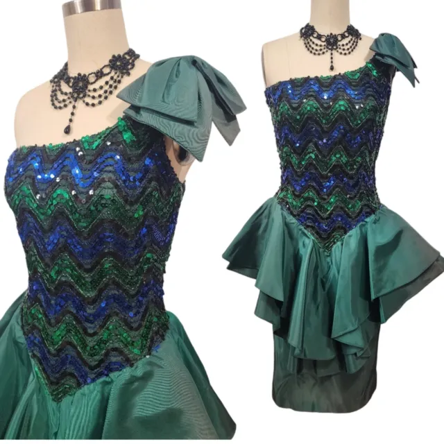 Vtg 80s Prom Dress XS Green Blue Green Sequins Ruffle Peplum One Shoulder