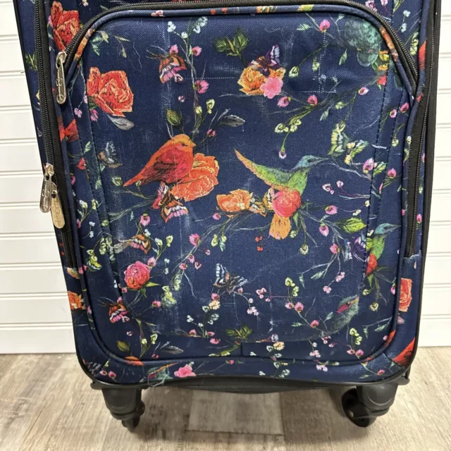Jessica Simpson Rolling Swivel 24” Luggage Colorful Navy Birds Carry On Bag 3