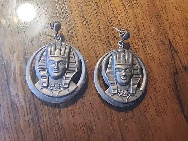 Vintage Egyptian Revival king tut disk Earrings pressed Pharoah 2.5"