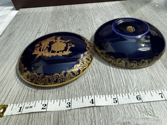 LIMOGES France Cobalt Blue Porcelain Round Trinket Box Victorian