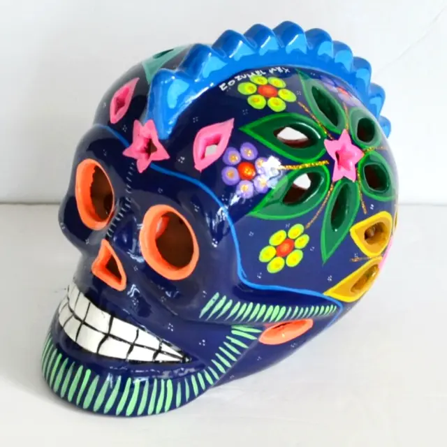 Day of the Dead Skull Figurine Collectible Mexican Hand Painted Pottery