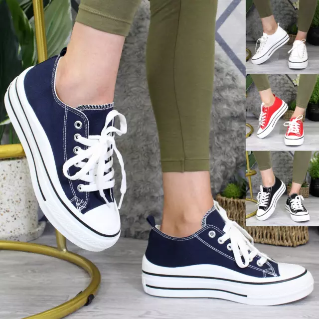 Ladies Canvas Trainers Platform Sneakers Plimsolls Lace Up Pumps Women Gym Shoes