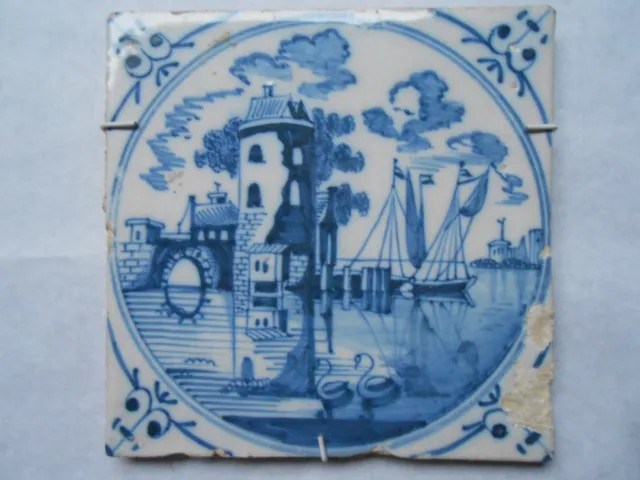 Antique Dutch Delft Blue Tile 18th Century. Pottery. Port. Sailboats