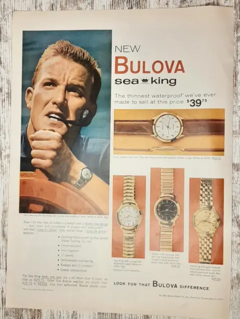 1959 Bulova Vintage Print Ad Watch Sea King Men Waterproof Wrist Gold Pipe Boat