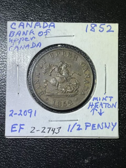 CANADA 1852 EXTRA FINE Bank of Upper Canada 1/2 Penny Token