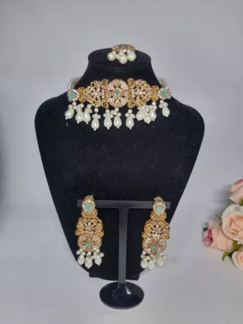 Indian Pakistani Pearl And Gold  choker Set With Mint Green stones