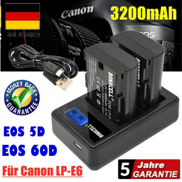 2X 3200mAh LP-E6 Akku + Dual Ladegerät Für Canon EOS 60D 7D 5D Mark II Mark IV