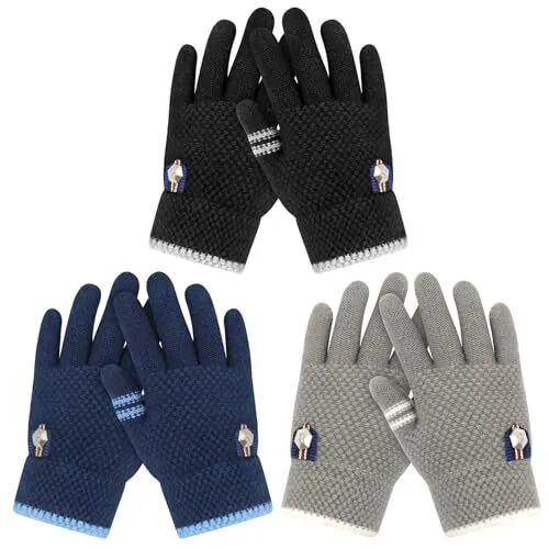 3 Pairs Kids Gloves for Toddler Boys 5-12T Black / Grey / Navy - Star Style