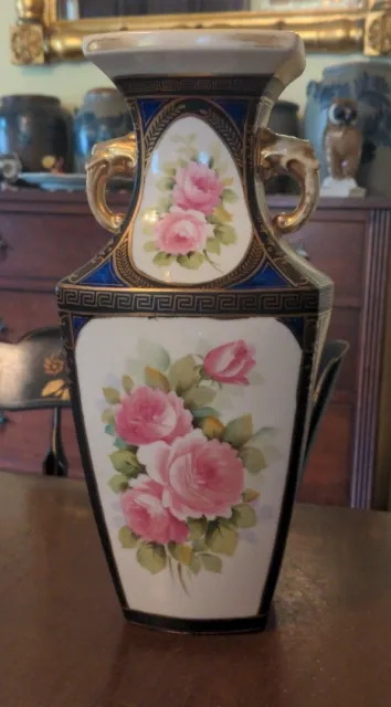 Antique Hand Painted Nippon Vase Japanese Porcelain Floral & Gold Gilt...