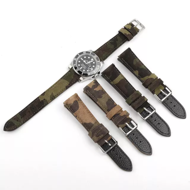 18 20 22mm Leather Watch Band Suede Camouflage Military Style Replacement Strap