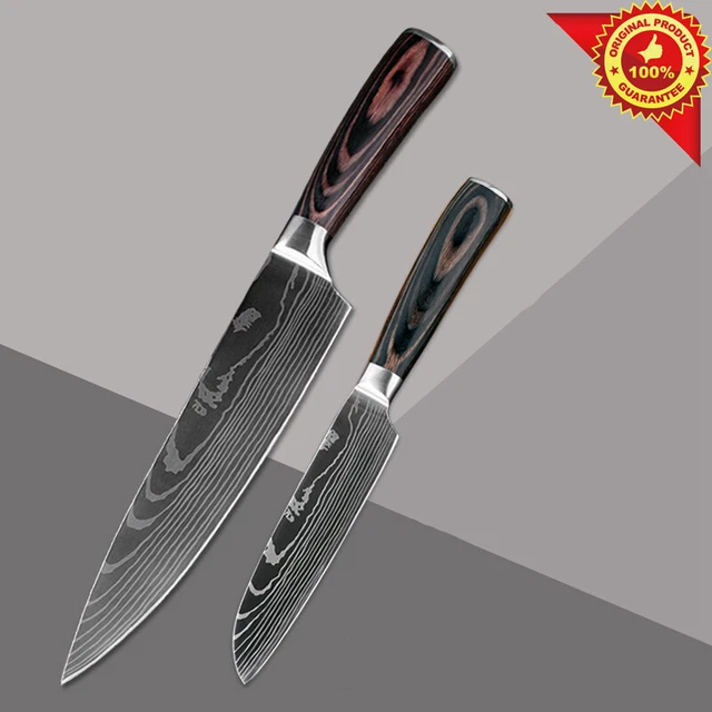 2 Stück Küchenmesser Set Edelstahl Damaskus Muster Scharf Kochmesser Geschenk
