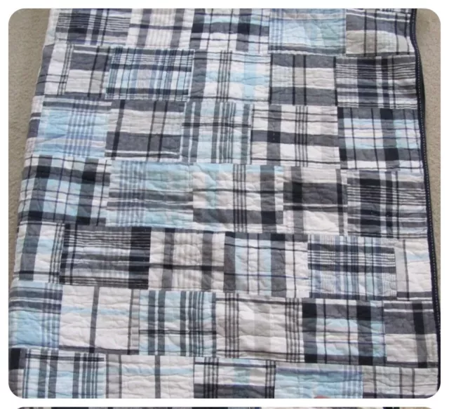 Pottery Barn Kids Twin Patchwork Plaid Quilt & 1 Standard Sham, Blue