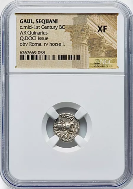 CELTIC GAUL SEQUANI Mid-1st Century BC AR Quinarius Roma & Horse Q.Doci NGC XF