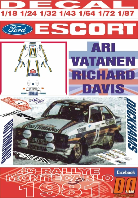 Planche De Décalcomanies 1/18 Ford Escort RS1800 MKII Rothmans – Vatanen/Brasil 1981