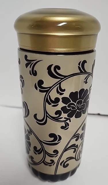 Teavana Porcelain Bone China Coffee/Tea Tumbler Black & Tan Scroll Flower Vine