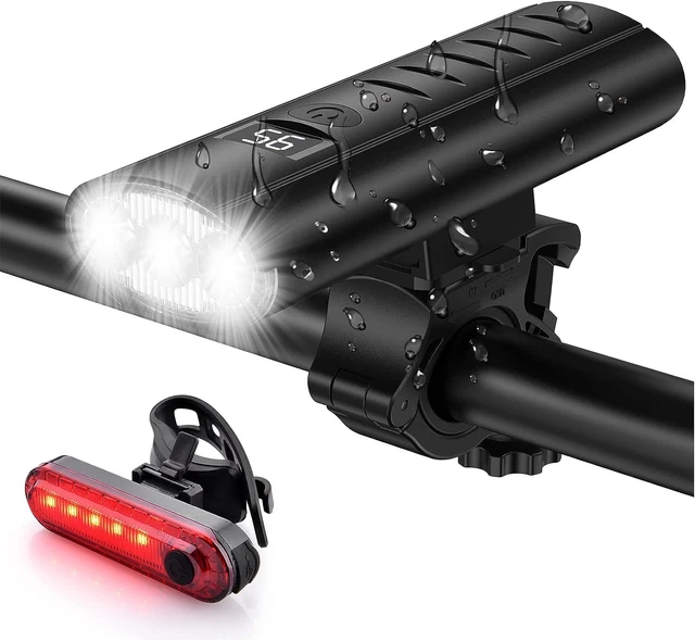 Bike Light Set USB Rechargeable 5400mAh Bike Headlight & Taillight with Digital