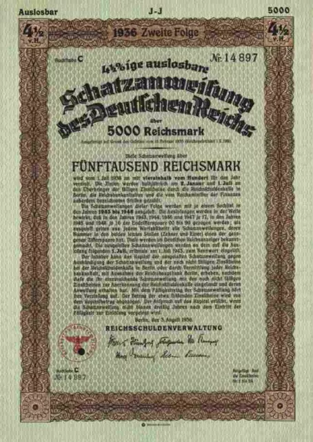 DEUTSCHES Reich 4,5 % Schatzanweisung 1936 Berlin Adler 5.000 RM Schultzenstein