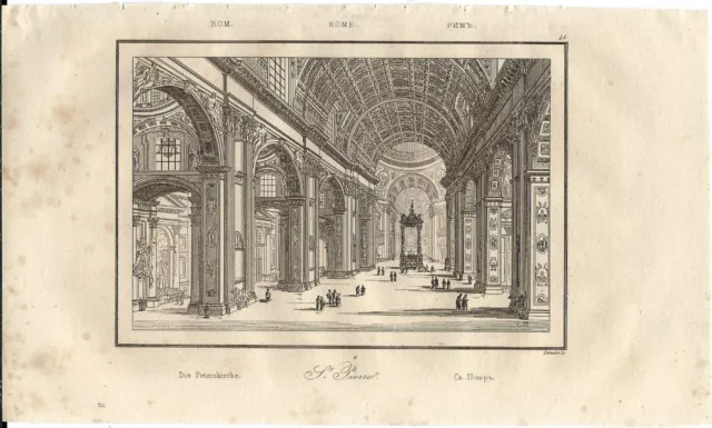 Stampa antica ROMA BASILICA di SAN PIETRO interno 1835 Old antique print Rome