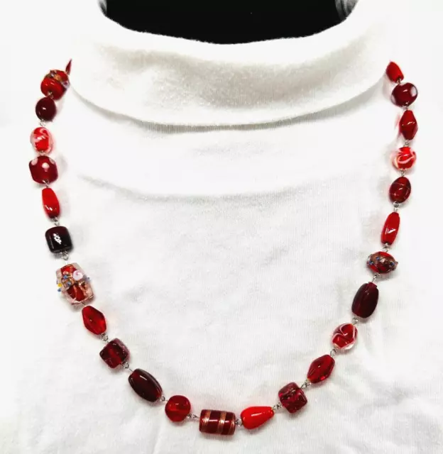 Red Glass and Gold Glitter Beads with Silver Tone Metal Links Necklace Vintage