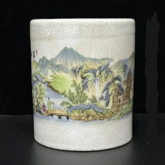 Vintage Chinese Pastel Porcelain Dwelling in the Fuchun Mountains Brush Pot