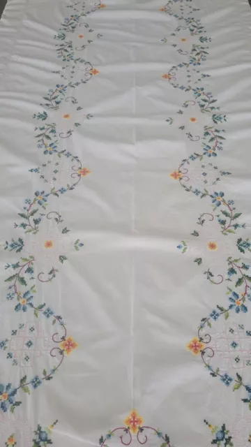 White cotton cross stitch hand embroidered large tablecloth 3.42 m long