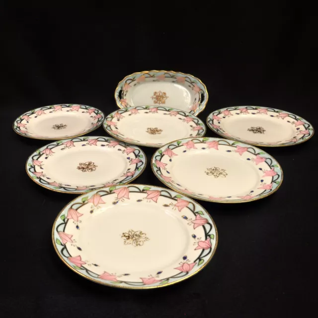 Nippon M-in-Wreath 6 Dessert Plates Small Tray Raised Gold Pink Blue HandPainted