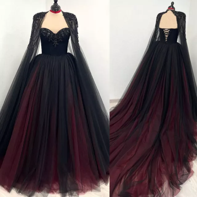 Gothic Black and Red Sweetheart Wedding Dresses with Cape Appliques Bridal Gowns