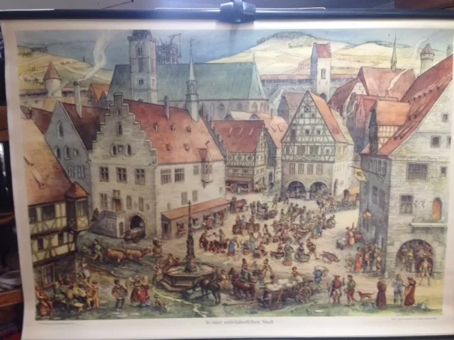 Alte Schulkarte Schule Schautafel Lehrkarte Mittelalterliche Stadt