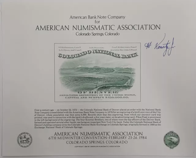 ABNC SC 1984 ANA Colorado NB Engraving of Denver Kountze Autograph SO-35