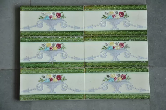 6Pc Vintage Majolica Flower Basket Art Nouveau Architecture Tiles,Japan