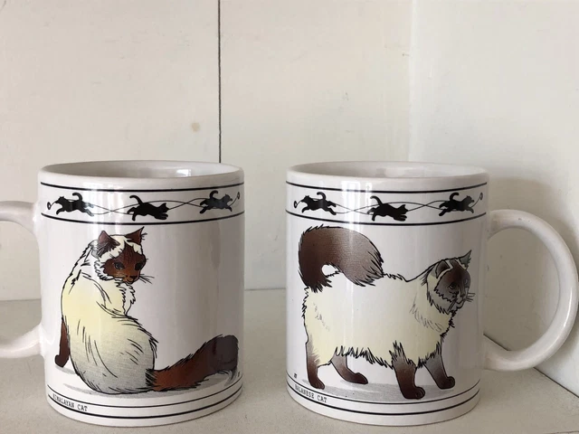 (2) Vintage Balinese Cat And Himalayan Cat Mugs Signed JDT Ceramic Coffee Tea