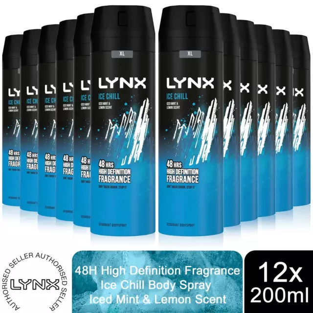 Lynx XL Ice Chill 48H Fresh Iced Mint & Lemon Scent Body Spray Deo, 12x200ml